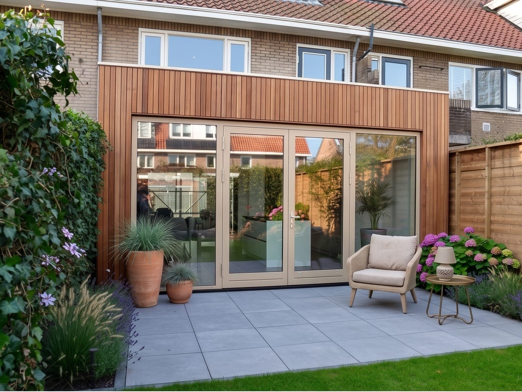 Aanbouw met houten gevelbekleding en crèmekleurige openslaande deuren met vaste zijramen