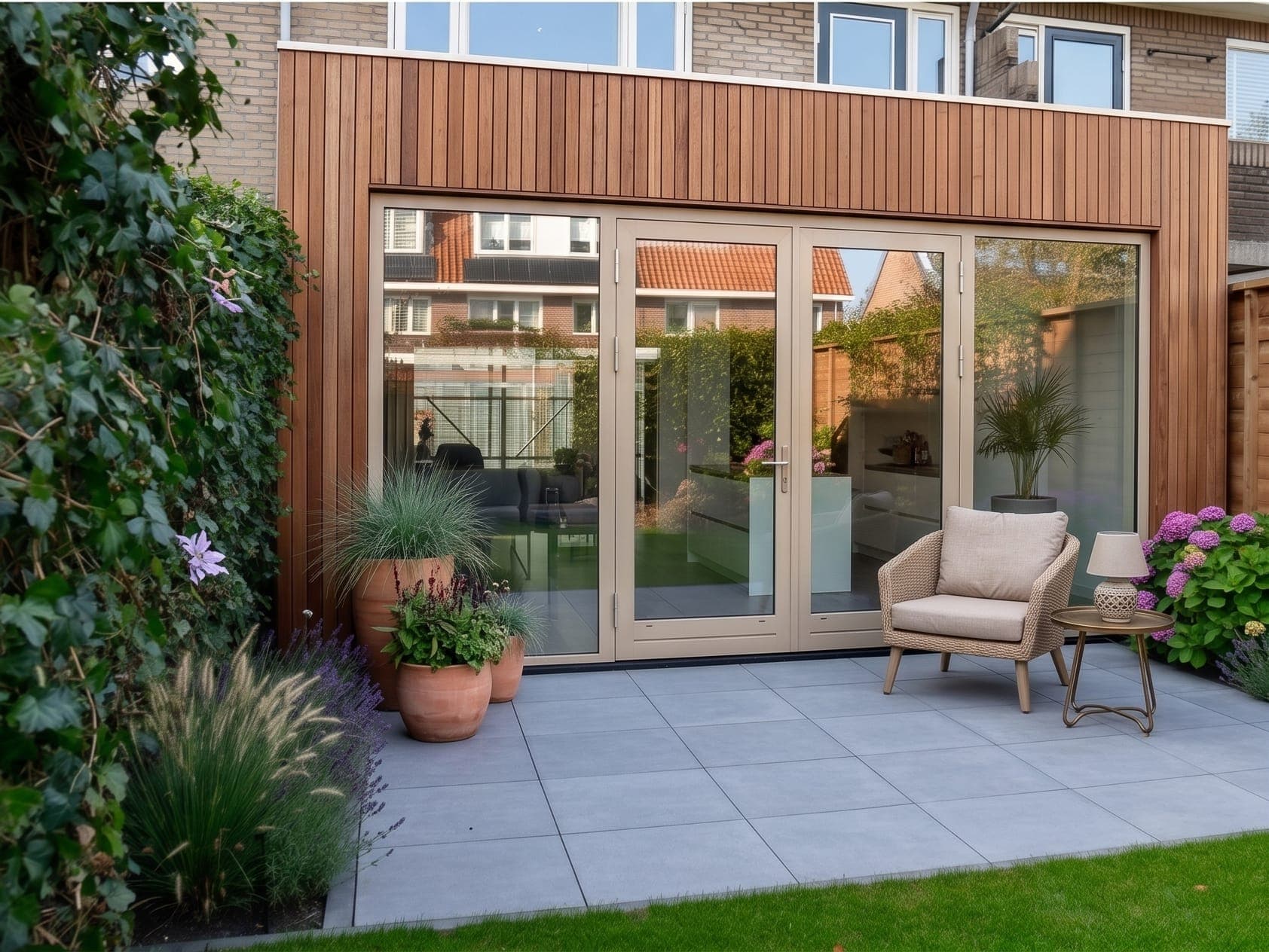 Aanbouw met houten gevelbekleding en openslaande deuren, met bredere glaspartijen ernaast