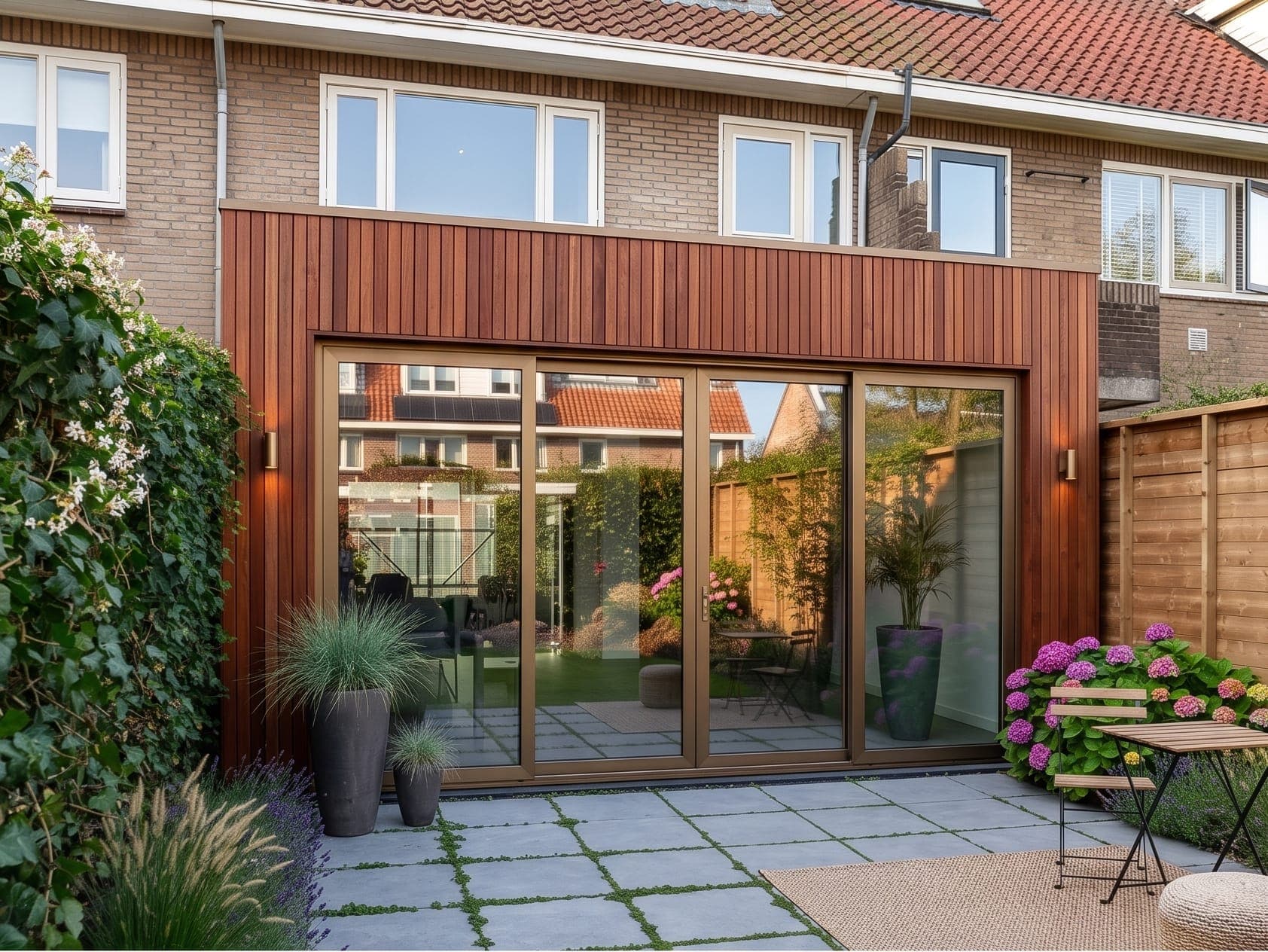 Aanbouw met verticale houten gevelbekleding en een bronskleurige vierdelige schuifpui