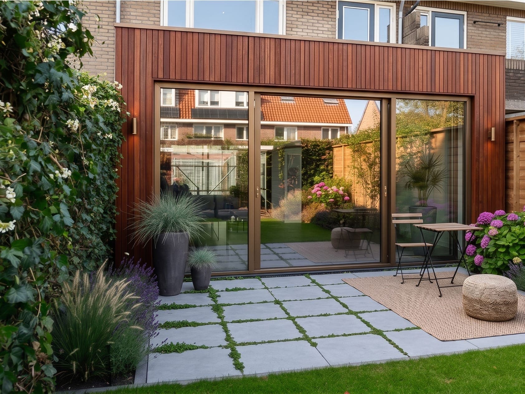 Aanbouw met houten gevelbekleding en een brede schuifpui over vrijwel de volle gevel